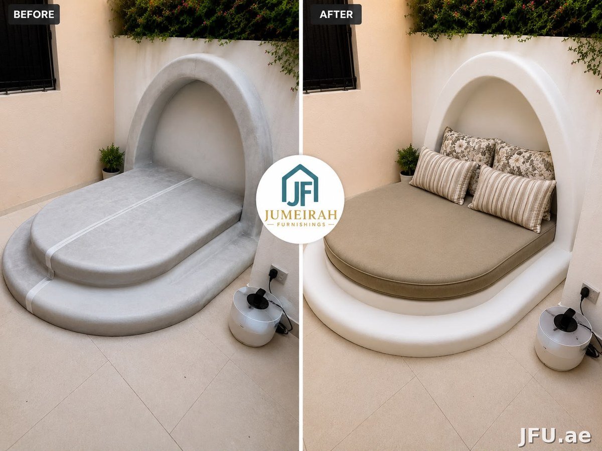 Custom outdoor seat cushion before and after Dubai - Jumeirah Furnishings
